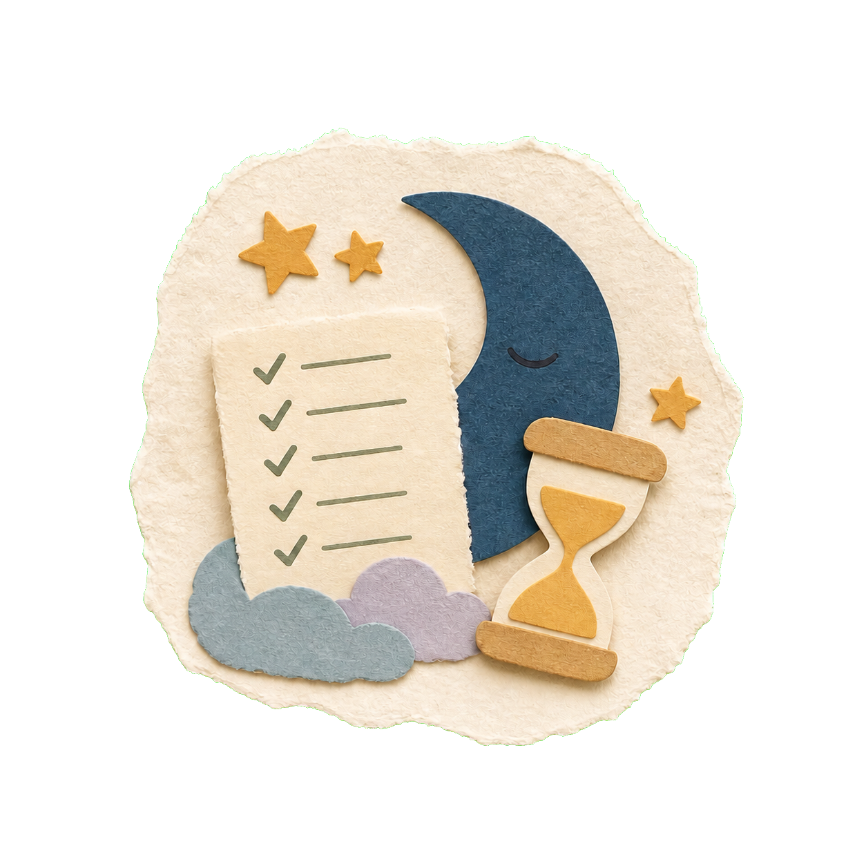 Watercolor moon, five-step checklist, and timer