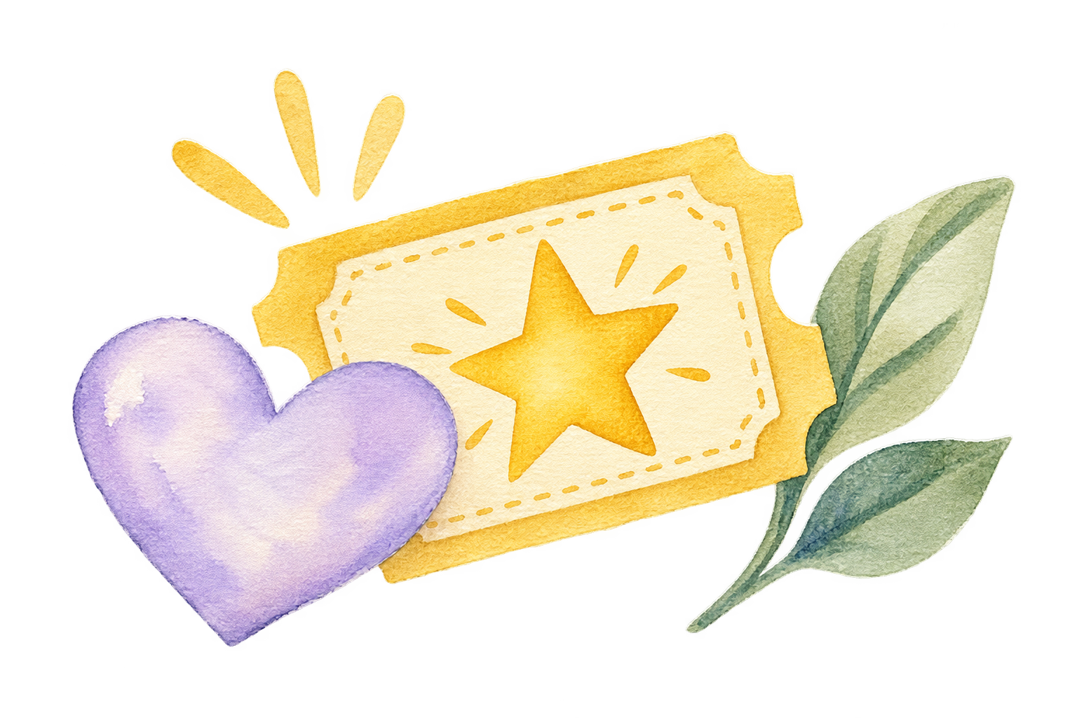 A watercolor heart, reward star, and leaf