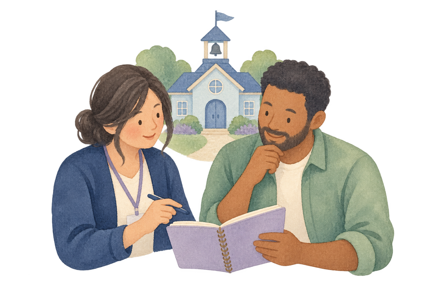 A watercolor parent and school staff member planning together