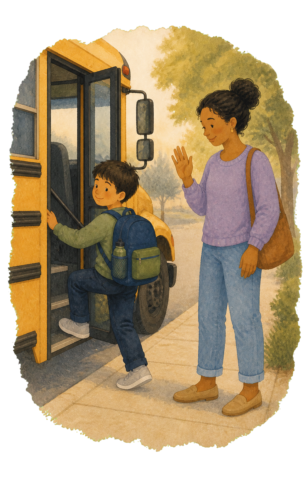 A parent and child preparing for a school day