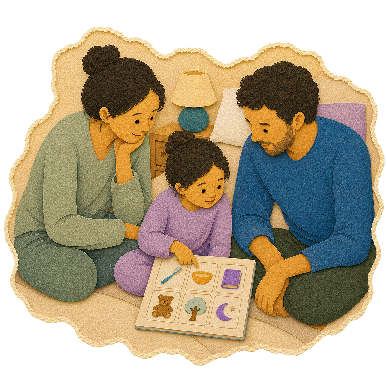 A family looking at a simple picture plan together