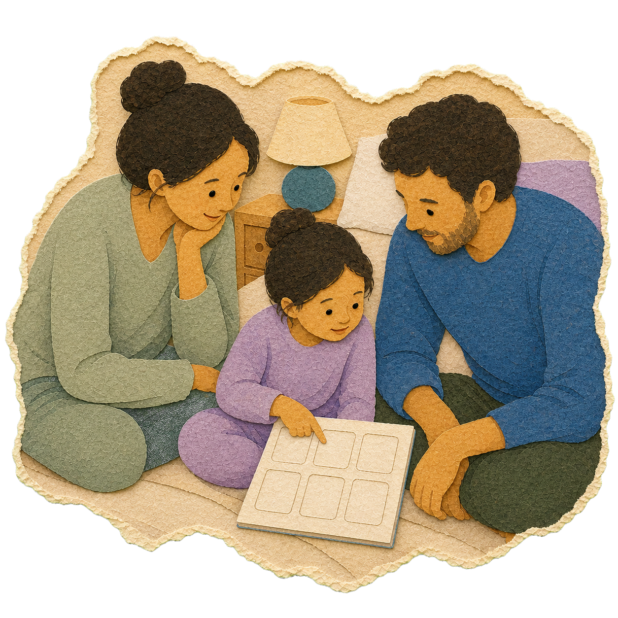 A child looking at a blank bedtime plan with both parents