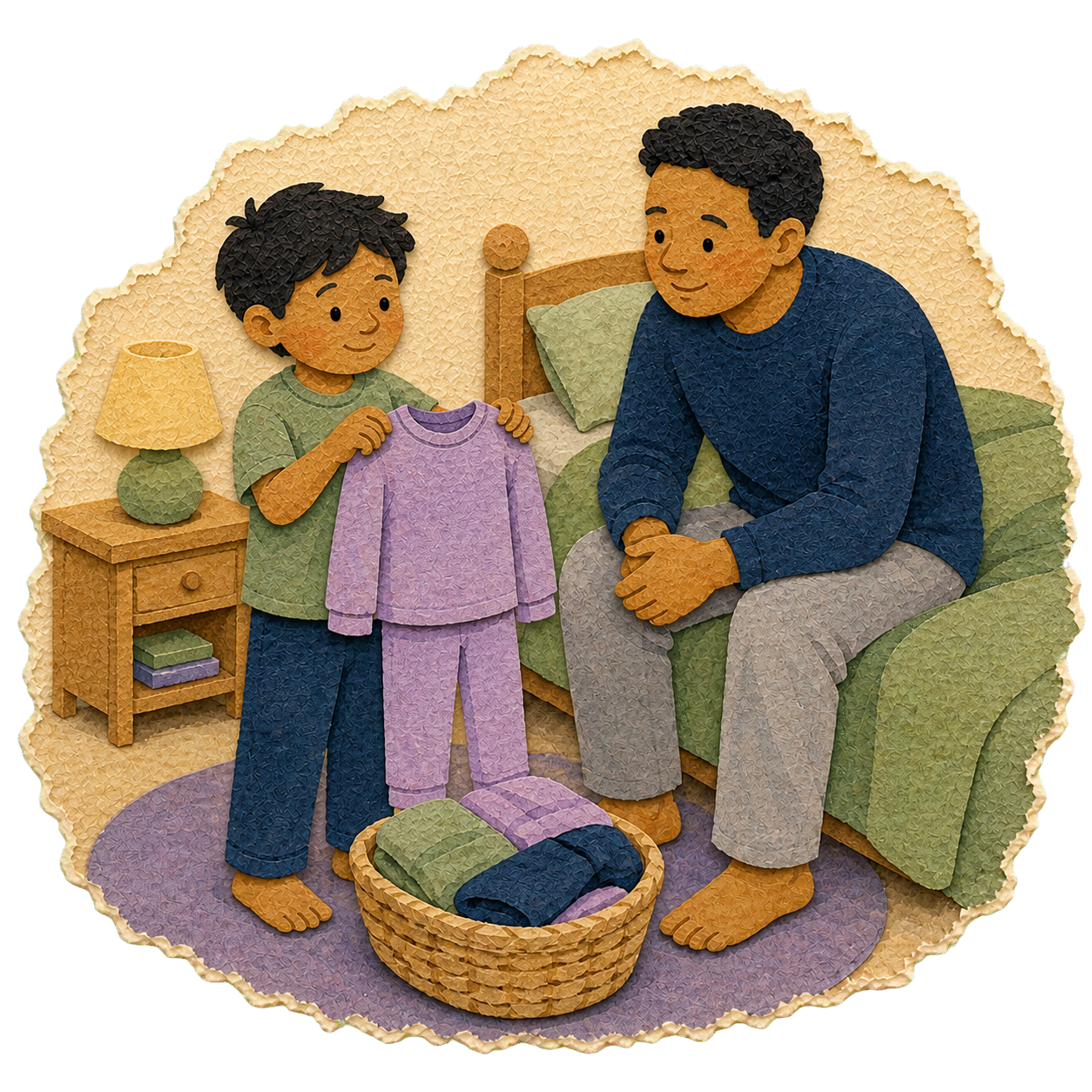 A child choosing pajamas while their father offers calm support