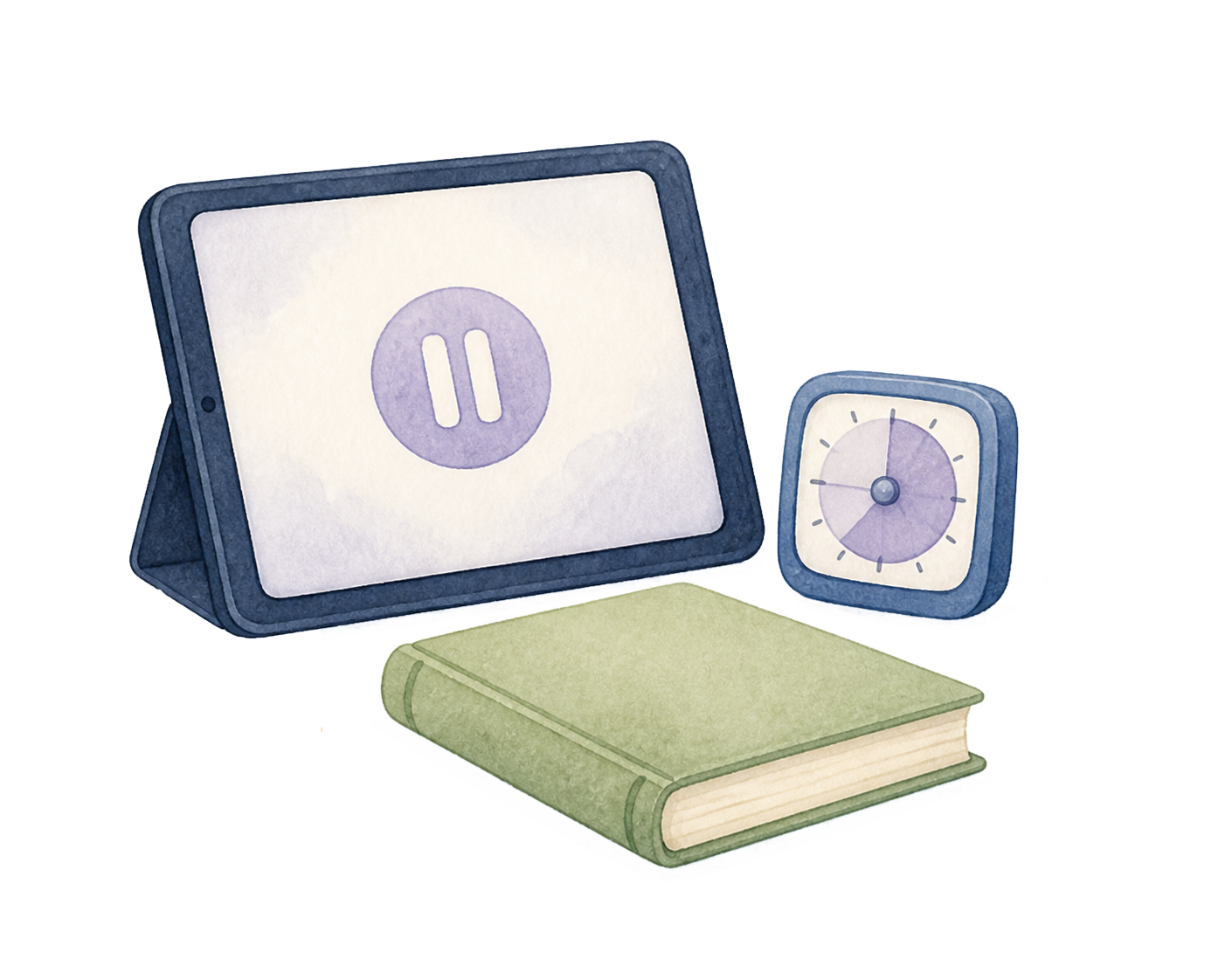 A watercolor tablet, visual timer, and book representing a predictable screen-time transition