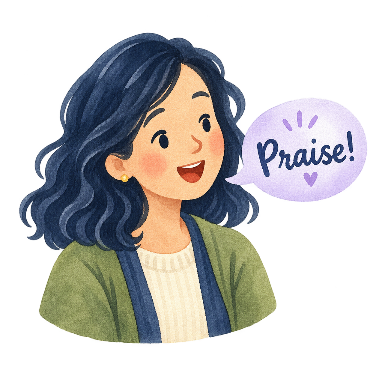 A parent offering specific praise in a watercolor-paper illustration