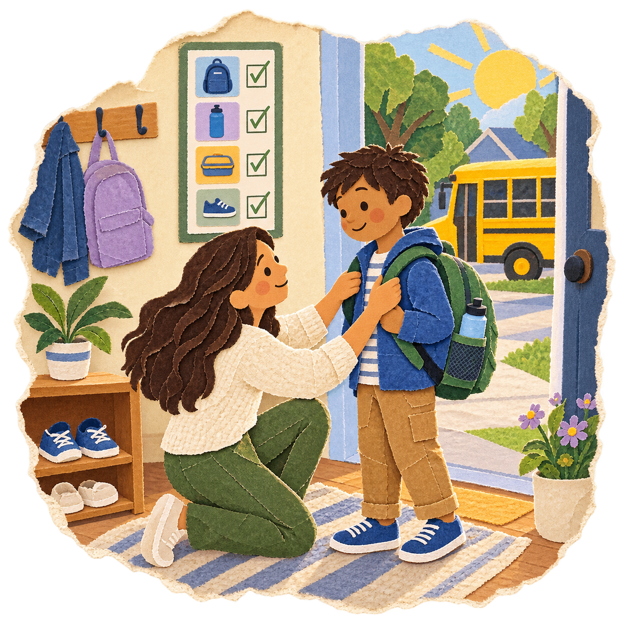 A parent helping a child prepare a backpack beside a school-day checklist.