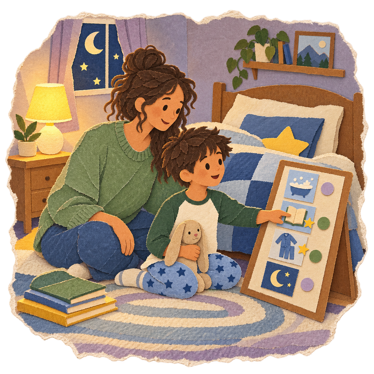 A parent and child choosing bedtime steps from a visual routine board.